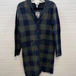 Denim&Co Blue and Green Plaid Long Hooded Cardigan NWOT size SP